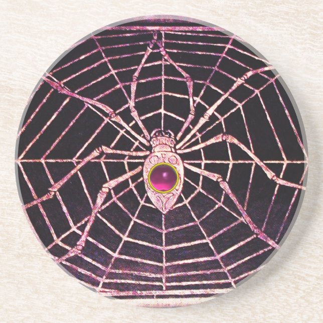 SPIDER AND WEB Pink Fuchsia Amethyst Black Coaster (Front)