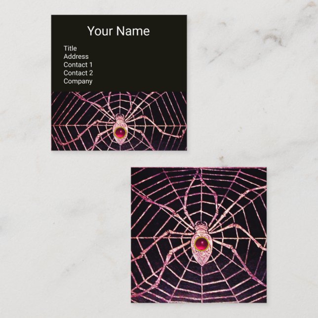 SPIDER AND WEB Pink Fuchsia Ruby Gemstone Black Square Business Card (Front/Back)