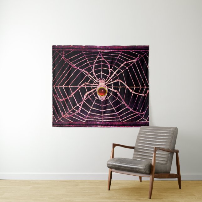 SPIDER AND WEB Red Ruby Gemstone Black Tapestry (In Situ (Horizontal))