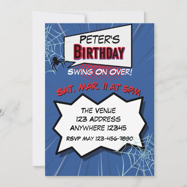 Spider Comic Blue Red Birthday Invitation (Front)
