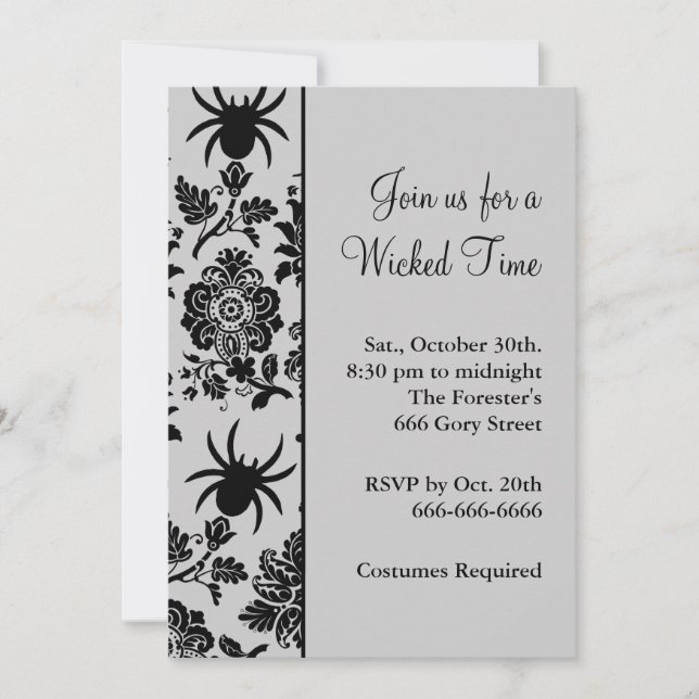 Spider Damask Halloweeen Invitation (grey) (Front)