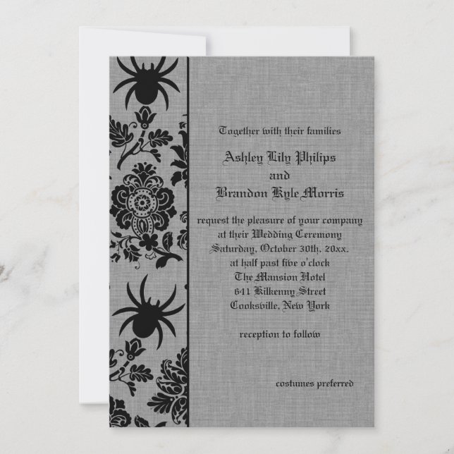 Spider Damask on Grey Linen Wedding Invitation (Front)