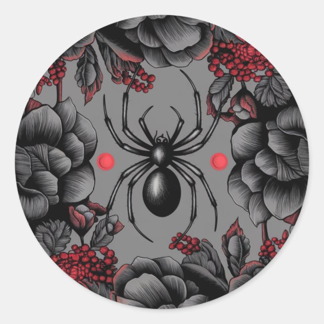 Spider Floral design Gothic style  Classic Round Sticker (Front)