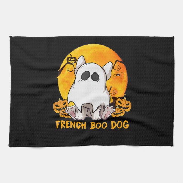 Spider Gift|French Boo Bulldog With Pumpkin Spider Tea Towel (Horizontal)