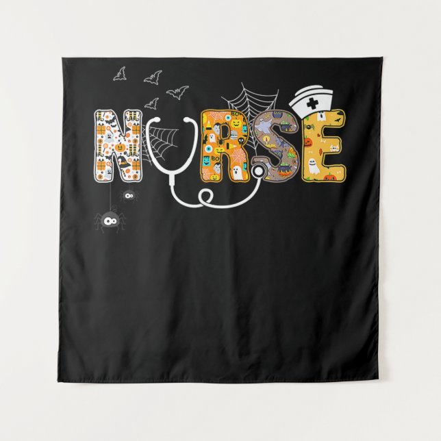 Spider Gift | Halloween Nurse With Pumpkin Spider Tapestry (Front)