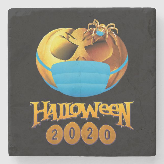 Spider Gift | Halloween Pumpkin And Spider Mask Stone Coaster (Front)