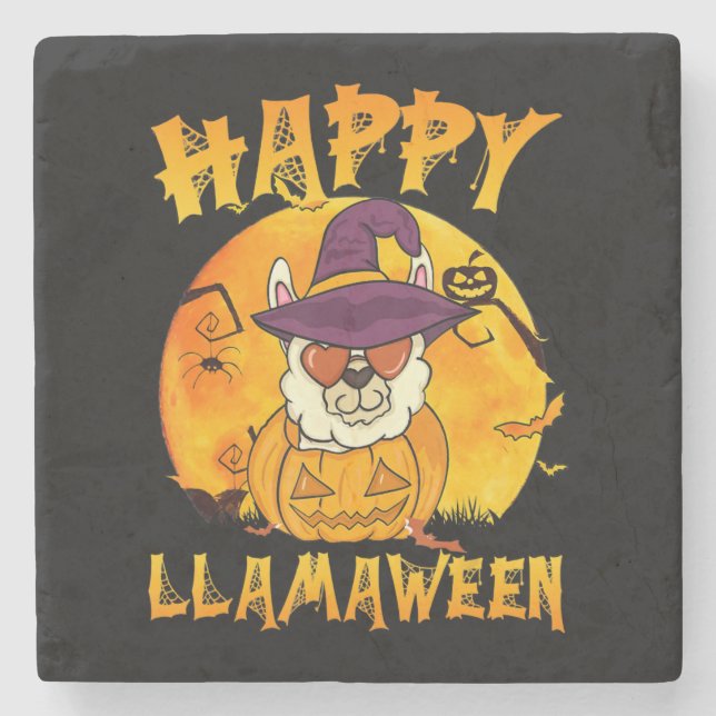 Spider Gift | Happy Llamaween Llama Witch Spider Stone Coaster (Front)