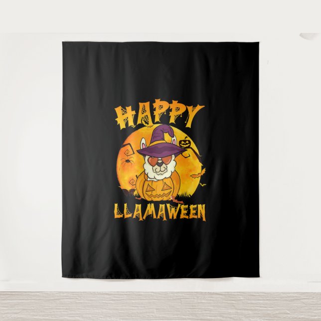 Spider Gift | Happy Llamaween Llama Witch Spider Tapestry (Front)