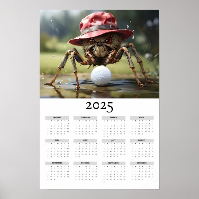 Spider in Red Hat Playing Golf Wall Calendar  Poster (Front)