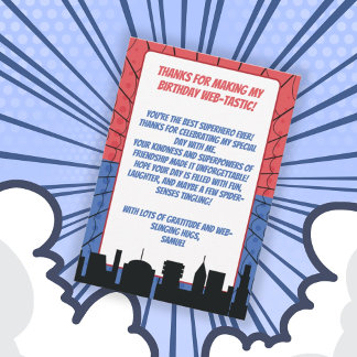 Spider Superhero Red and Blue Birthday Thank You Card