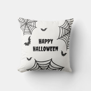 Spider web Bat Black and White Happy Halloween Cushion