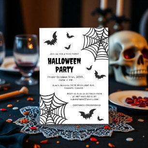 Spider Web Bat Spooky Black White Halloween Party Invitation