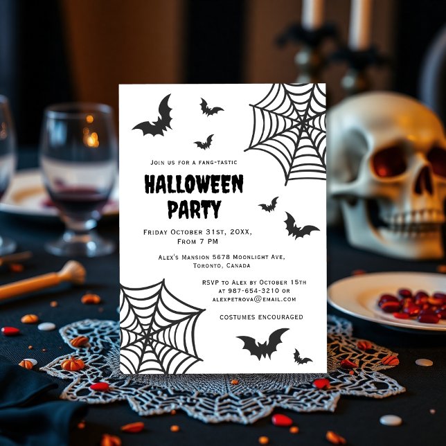 Spider Web Bat Spooky Black White Halloween Party Invitation (Creator Uploaded)