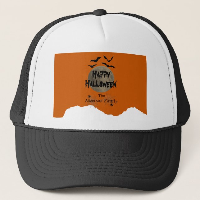 Spider Web Bats Moon Spooky Modern Happy Halloween Trucker Hat (Front)