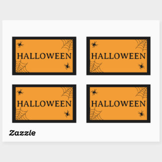 Spider Web Black Orange Halloween Word Rectangular Sticker