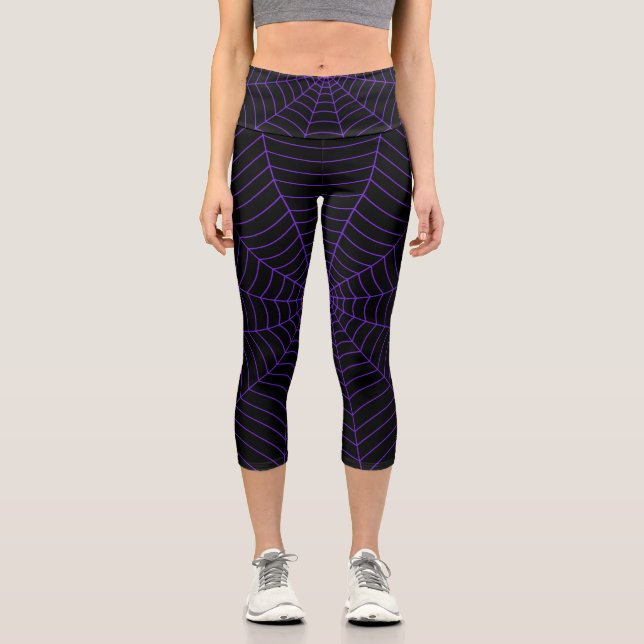 Spider web black purple Halloween pattern Capri Leggings (Front)