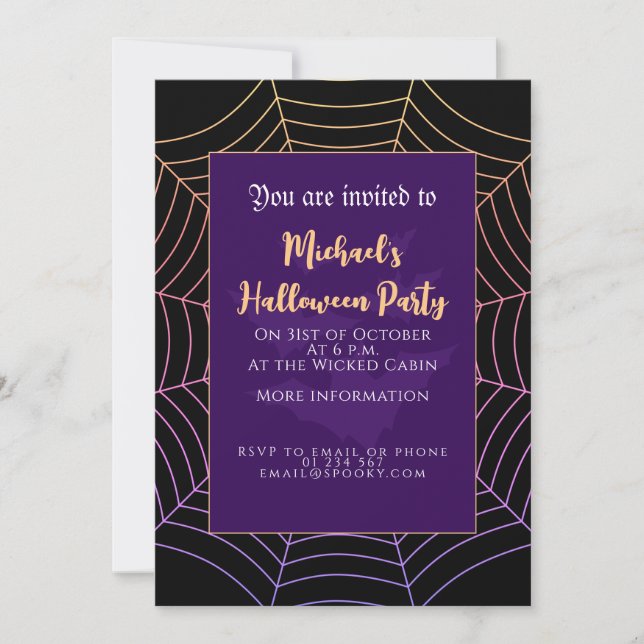 Spider web black purple orange Halloween Invitation (Front)