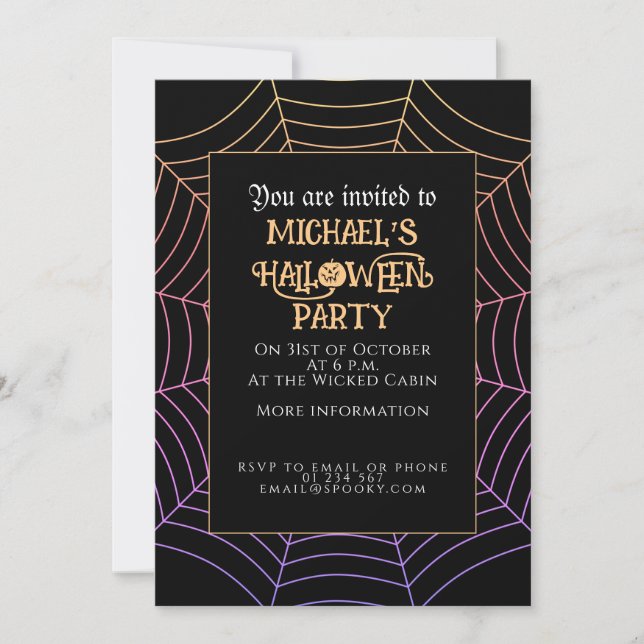 Spider web black purple orange Halloween party Invitation (Front)