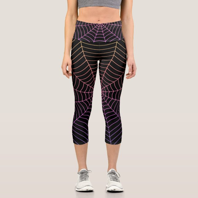 Spider web black purple orange Halloween pattern Capri Leggings (Front)