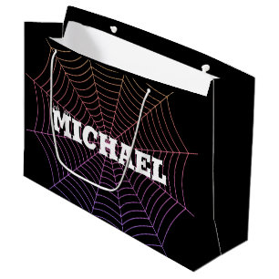 Spider web black purple orange Halloween Your name Large Gift Bag