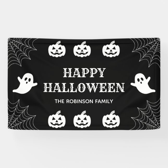Spider Web Custom Black & White Happy Halloween  Banner (Horizontal)