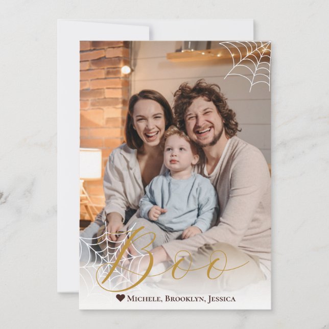 Spider web Hand-Lettered Boo Halloween Photo Holiday Card (Front)