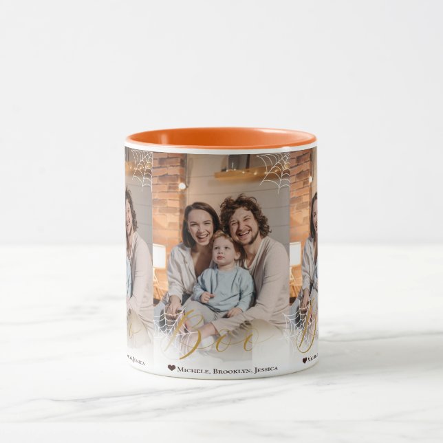 Spider web Hand-Lettered Boo Halloween Photo Mug (Center)