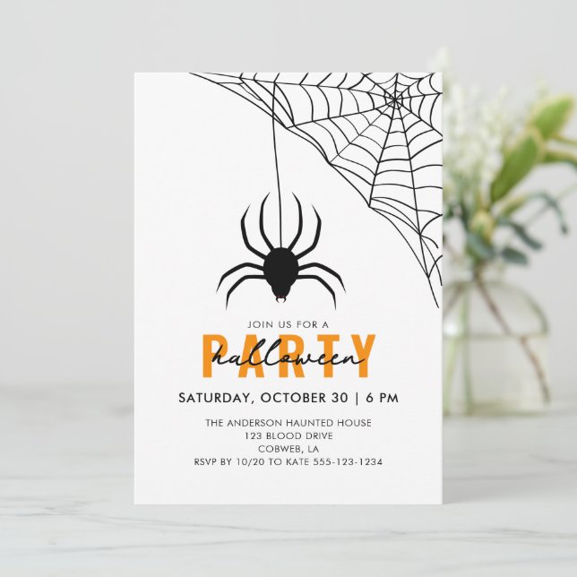 Spider & Web Modern Adult Halloween Party Invitation (Standing Front)