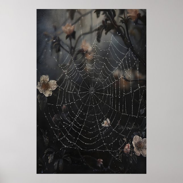 Spider web with dew in dark forest print, flower poster (Front)