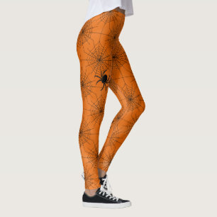 Spider Web with Spiders on Orange Halloween Leggings