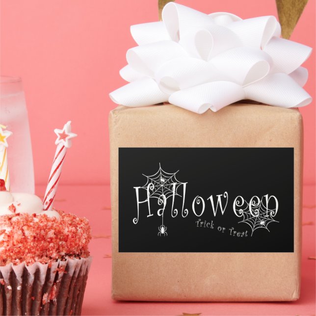 Spider webs and spiders over Halloween Rectangular Sticker (Party)