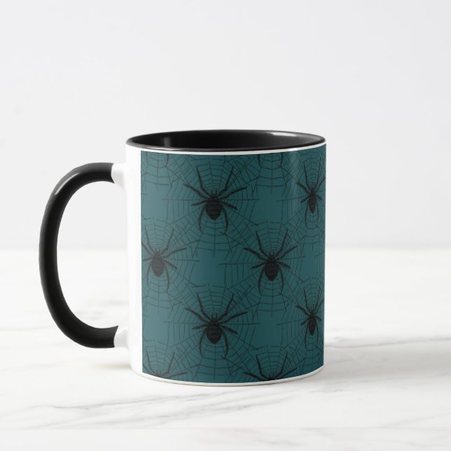 Spiders and Spiderwebs Dark Green Halloween Mug (Left)