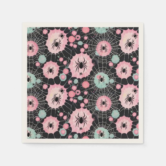 Spiders And Webs In Pink And Pale Blues On Black Napkin (Front)