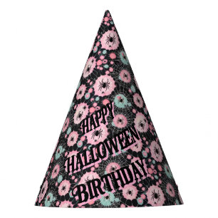 Spiders And Webs In Pink And Pale Blues On Black Party Hat