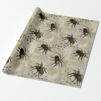 Spiders crawling on silver and gold with stars wrapping paper