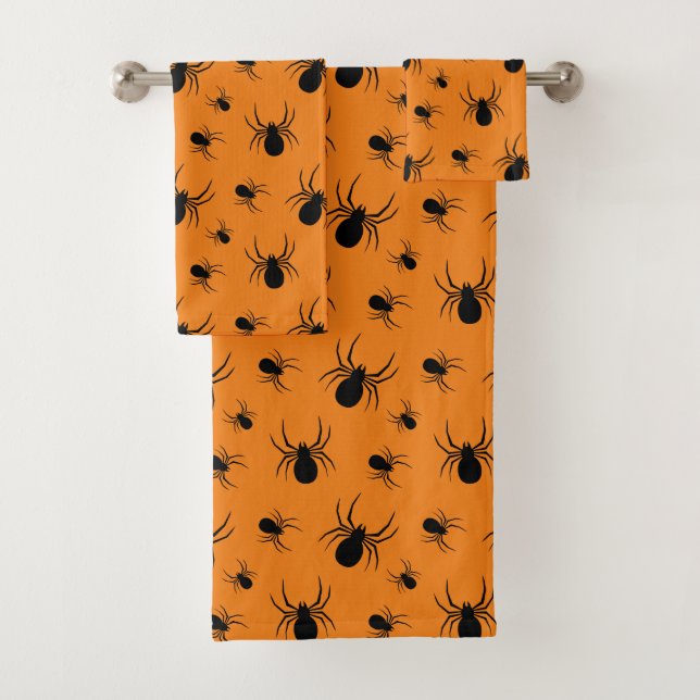 Spiders Halloween pattern Black and Orange Bath Towel Set (Insitu)