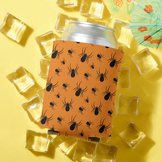 Spiders Halloween pattern Black and Orange Can Cooler (In Situ Summer)