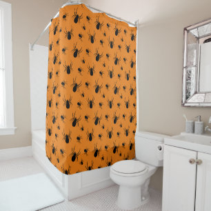 Spiders Halloween pattern Black and Orange Shower Curtain