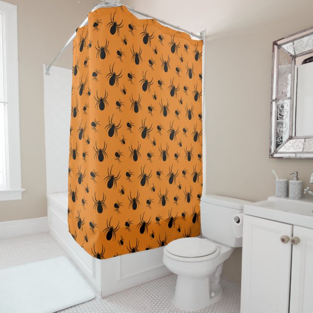Spiders Halloween pattern Black and Orange Shower Curtain (In Situ)