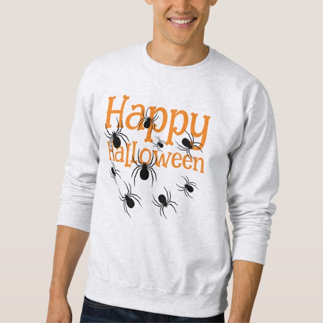 Spiders Happy Halloween Black and Orange T-Shirt Sweatshirt (Front)