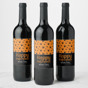 Spiders Happy Halloween Black Orange Custom Wine Label