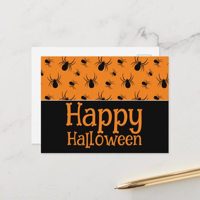 Spiders Happy Halloween Party Black Orange Custom Postcard (Front/Back In Situ)