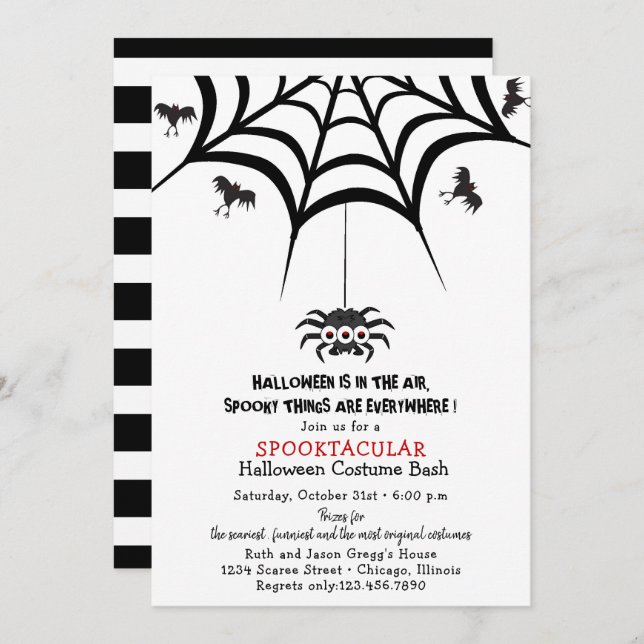 Spider's Web and Bats Halloween Costume Party Invitation (Front/Back)