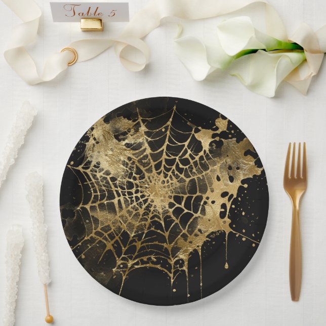 Spiderweb Elegance | Creepy Beautiful Gold Cobweb Paper Plate (Wedding)