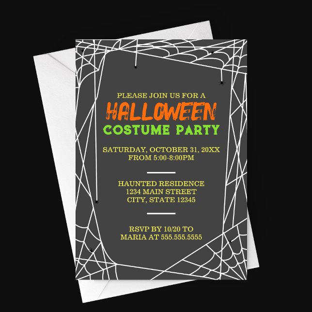 Spiderweb Halloween Party Invitation (Dark Grey Halloween Costume Party invitation with Spiderweb frame and Spiders)