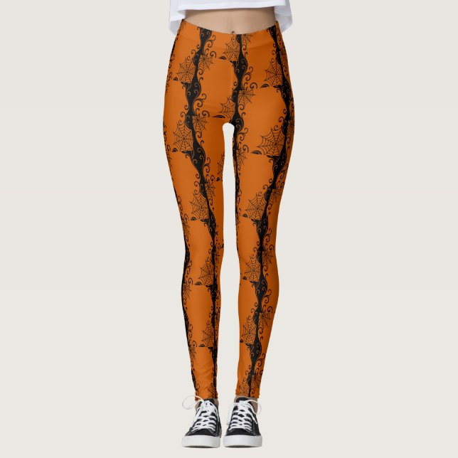 Spiderweb Ornament Orange Black halloween Leggings (Front)