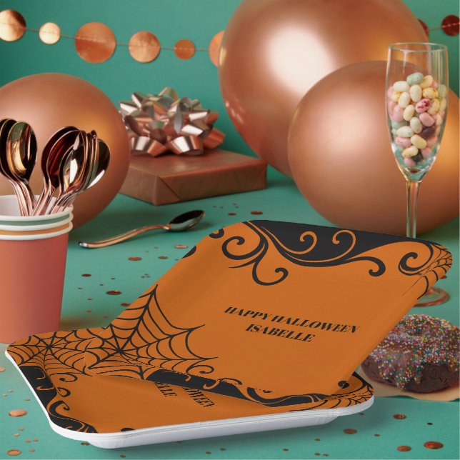 Spiderweb Ornament Orange Black halloween Paper Plate (Multi)
