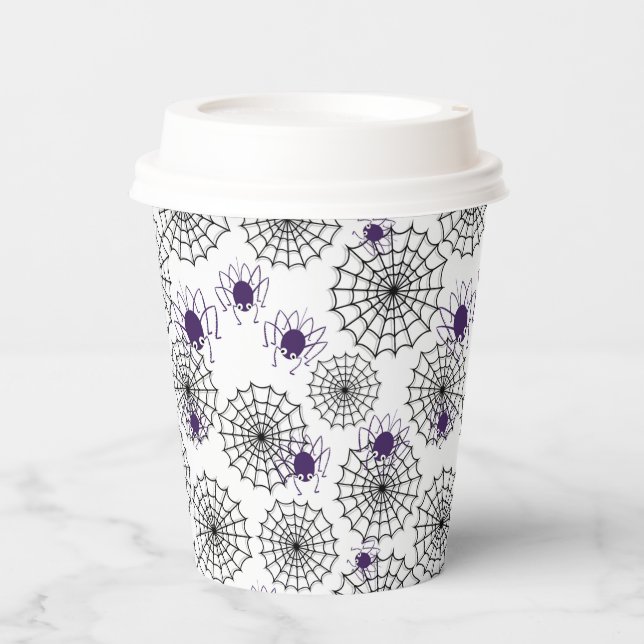 Spiderweb & Purple Spiders Halloween White Pattern Paper Cups (Front)
