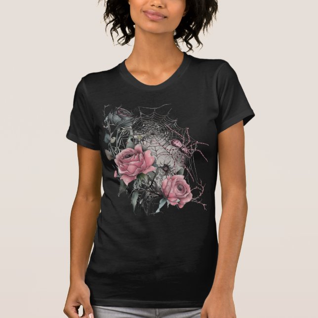 Spiderweb Roses | Pink Damask Gothic Halloween T-Shirt (Front)
