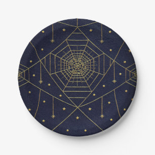 Spiderweb spider and stars black and gold paper plate